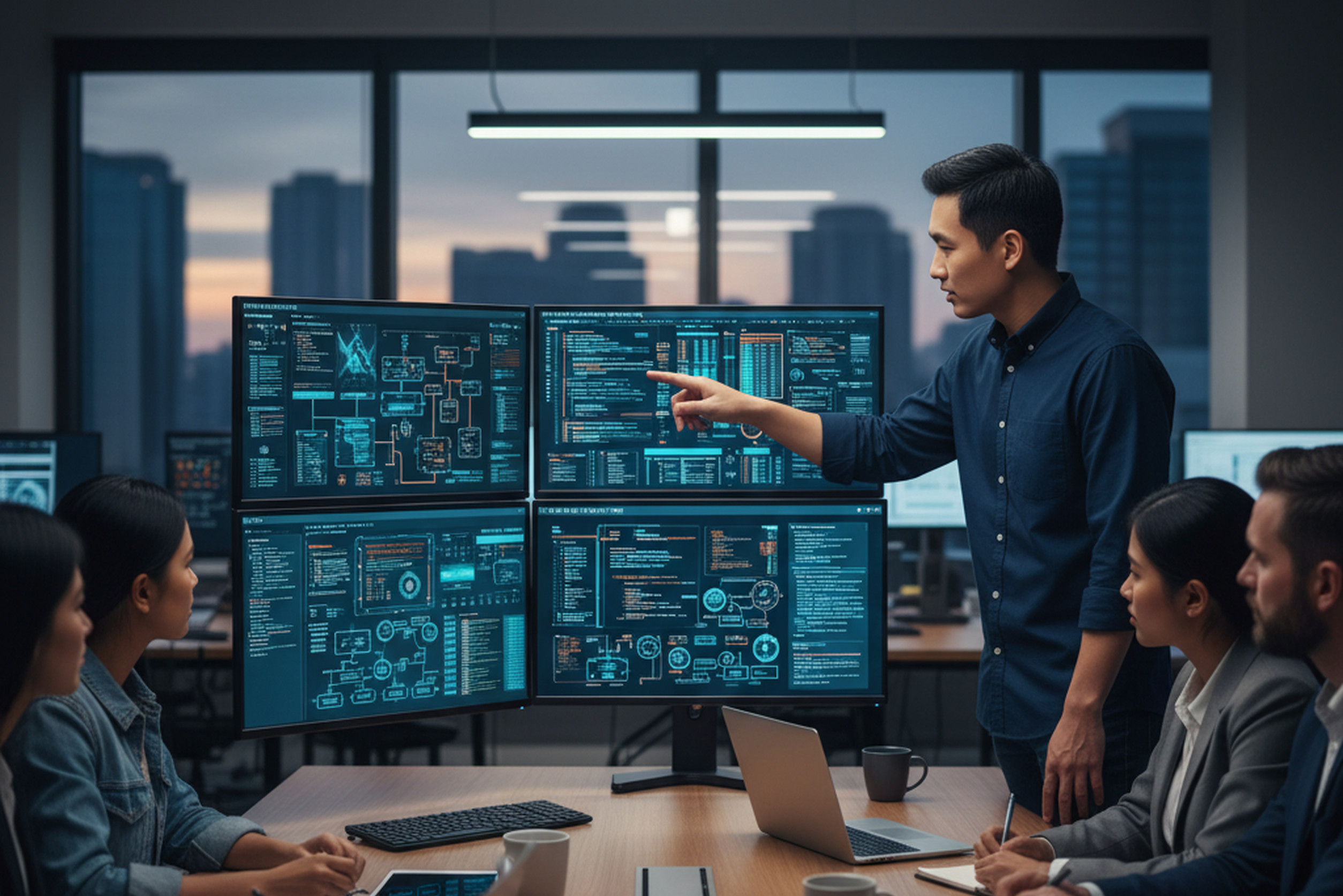 Team of software developers working in modern office using computers to develop software.